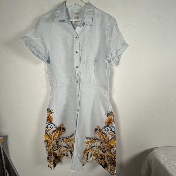 Joie Womens Linen Button Down Short Sleeve Shirt Dress Medium Light Blue Floral - Picture 1 of 10
